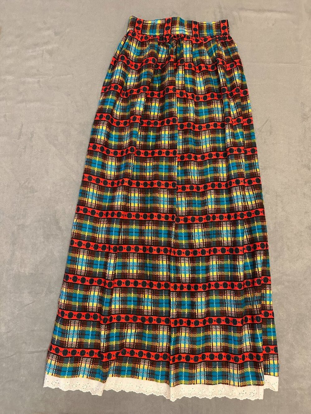 Vintage Rare Morsam Lounging Apparel Plaid Prairie Maxi Skirt Eyelet Lace Hem Co
